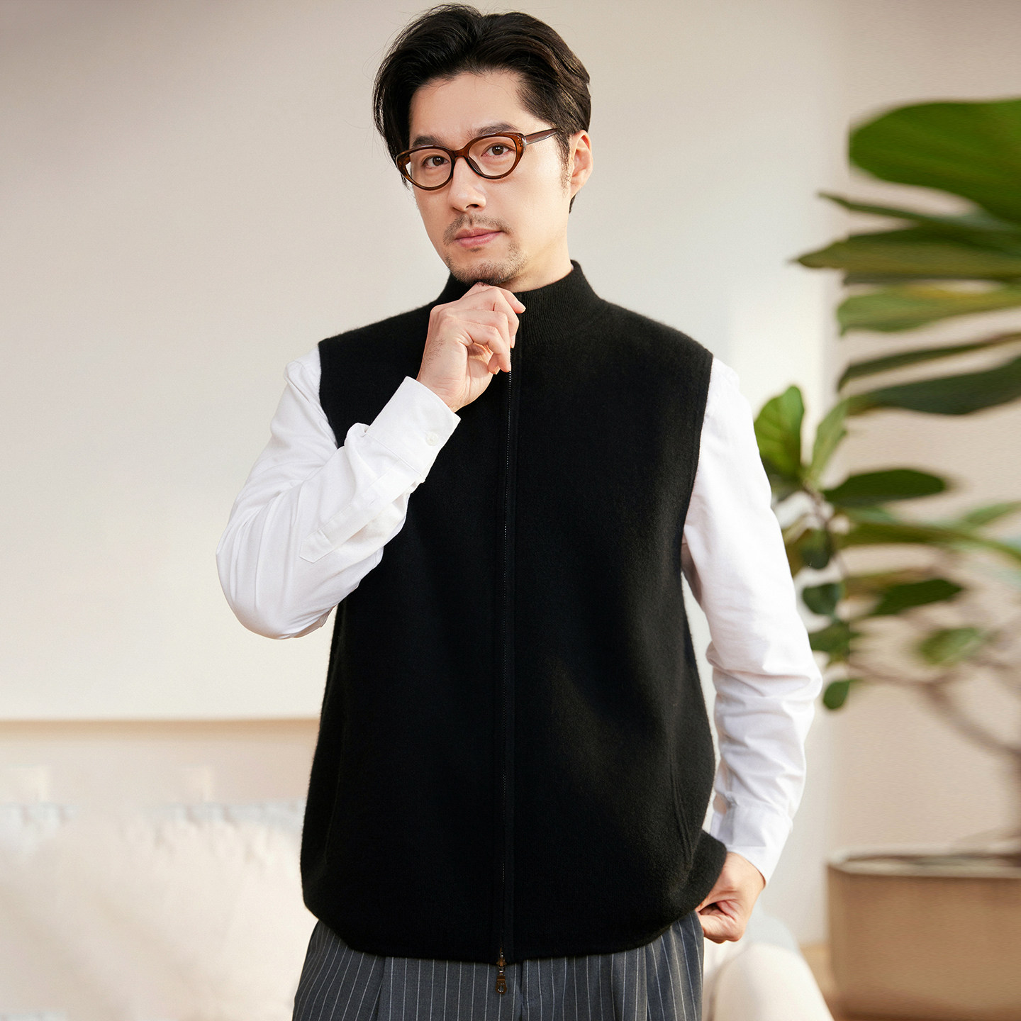 秋冬100%纯山羊绒立领针织坎肩男