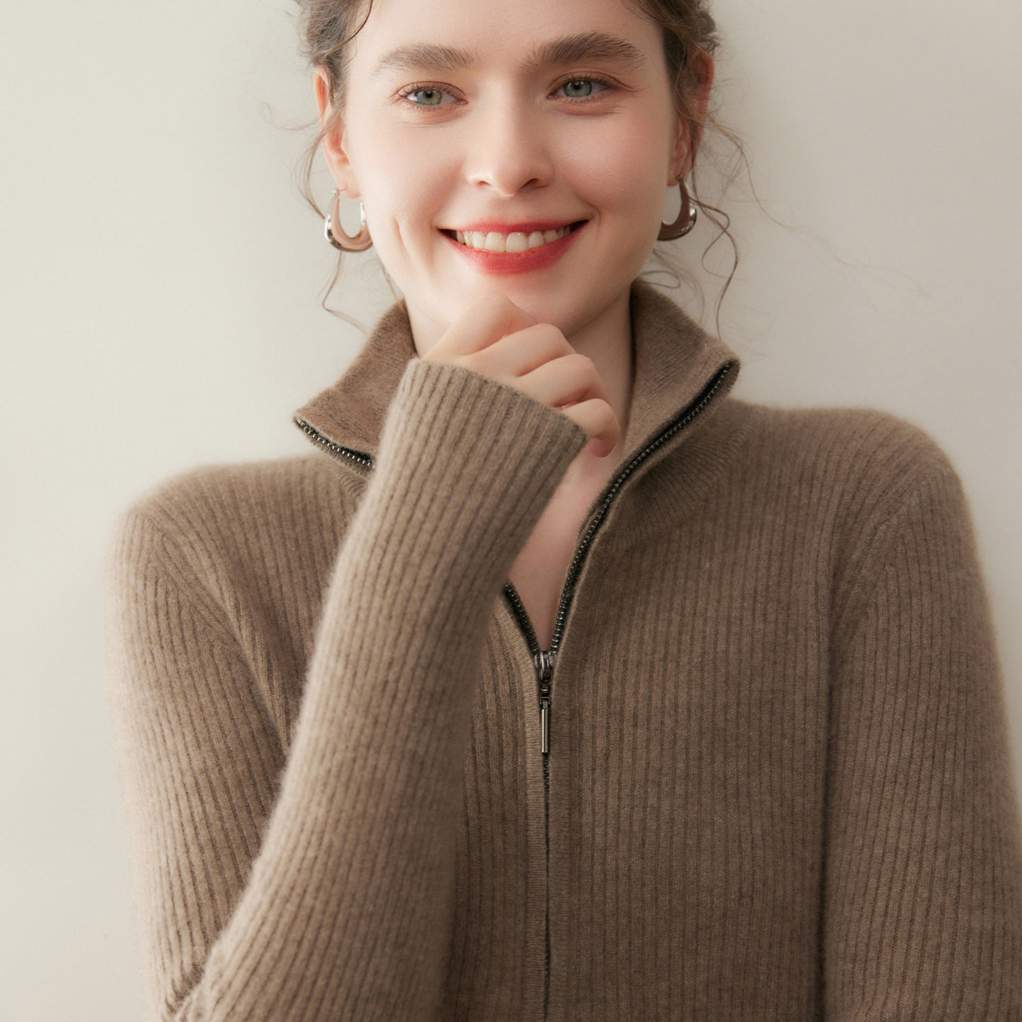 100%纯山羊绒衫女半拉链针织打底