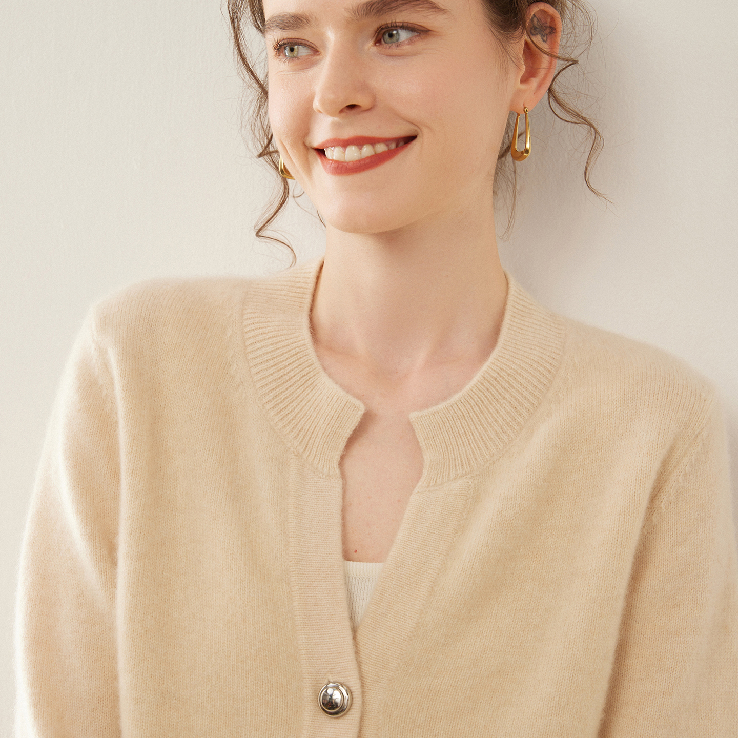 100%纯山羊绒开衫女开领7针加厚