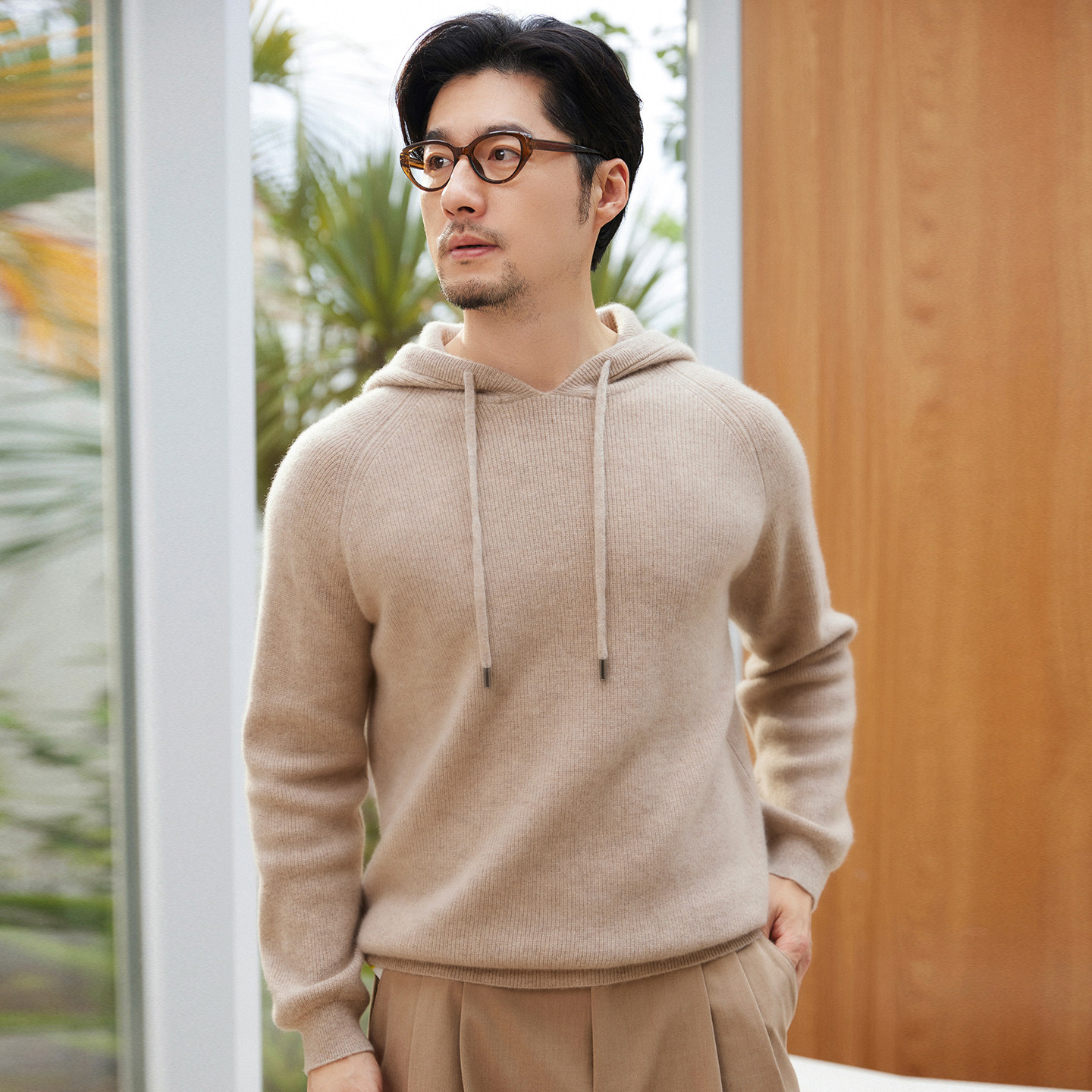 秋冬100%纯山羊绒连帽针织毛衣男