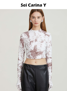Sei Carina Y连指印花涂鸦半高领上衣女气质短款T恤小众设计打底