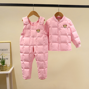 儿童羽绒服背带裤套装定做连体开裆裤女宝宝羽绒内胆羽绒裤两件套