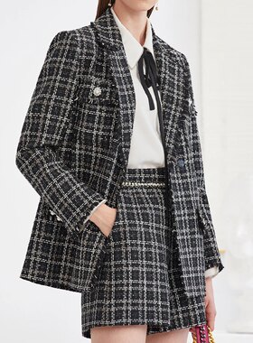 尤西子 秋冬黑白格子小码短裤名媛小香风百搭减龄孤品89元