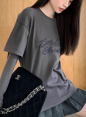 【珍系】专柜2925夏时尚大码灰色阔版休闲气质通勤百搭短袖棉T恤