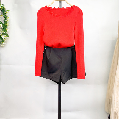 【如系】秋大码针织红色时尚小衫 简约修身圆领套头纯色弹力