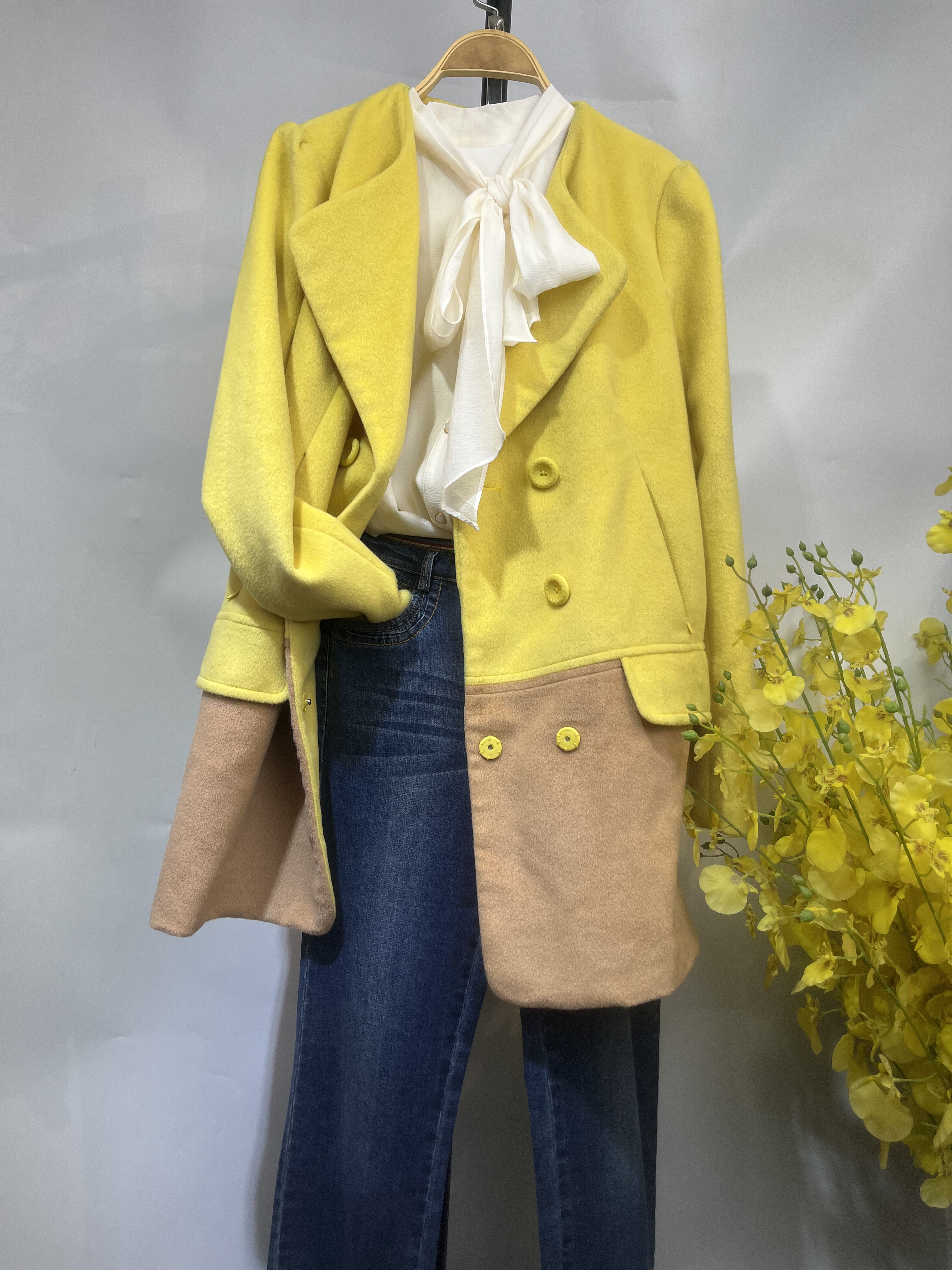 【帛逸】奥特撤柜秋冬羊毛呢子大衣撞色拼接OL风干练修身显瘦气质