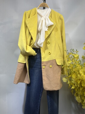 【帛逸】奥特撤柜秋冬羊毛呢子大衣撞色拼接OL风干练修身显瘦气质