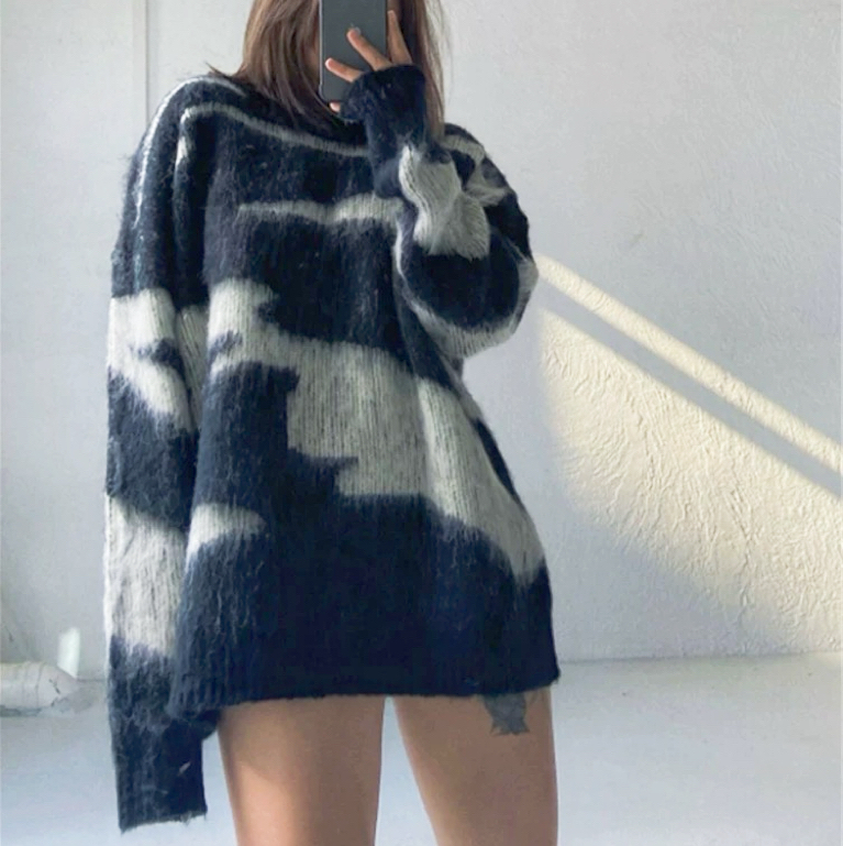 秋冬撞色图案慵懒风宽松水貂中长款套头毛衣女长袖针织衫上衣百搭