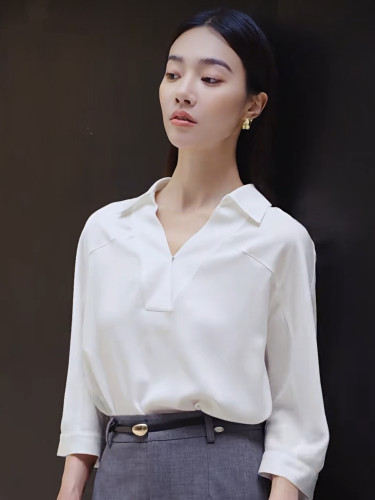 尤西子2026夏专柜正品新款时尚百搭V领短袖衬衫女显瘦减龄上衣