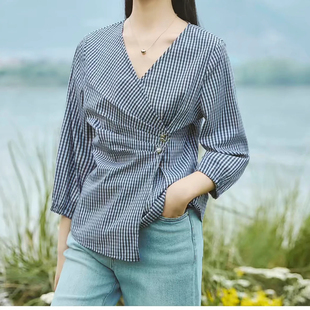 51大促 丝雨桐夏专柜正品收腰黑白格子衬衫女设计感小众时尚上衣