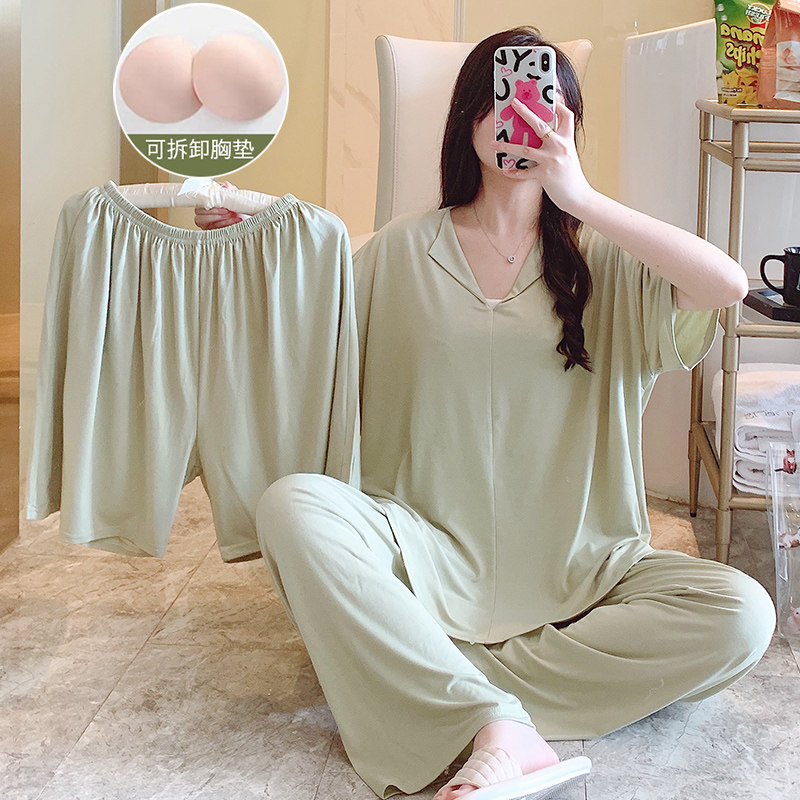 带胸垫睡衣女款夏季凉感胖mm大尺码200斤三件套装夏天家居服0730z图片