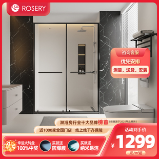 玫瑰岛淋浴房家用浴室玻璃一字形双移门沐浴房卫生间淋浴隔断DD5