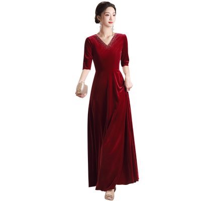 酒红色大合唱演出服女长裙成人