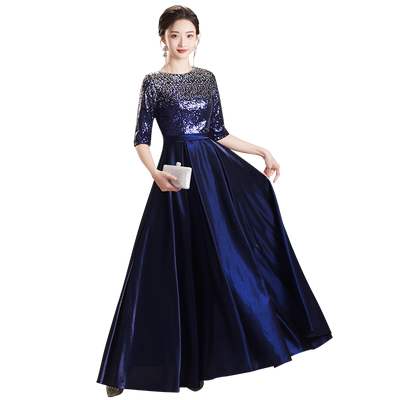 蓝色晚礼服大合唱团演出服女长裙
