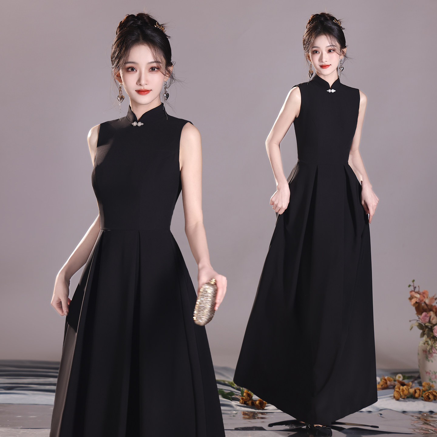 黑色立领中式显瘦晚礼服女图片