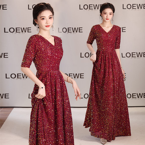 红色V领大合唱团演出服朗诵主持女长裙新款成人敬酒晚礼服装舞台