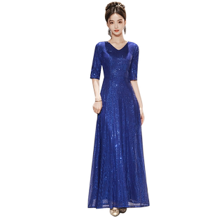蓝色高弹闪亮V领主持合唱演出指挥女长款裙日常宴会成人晚礼服装