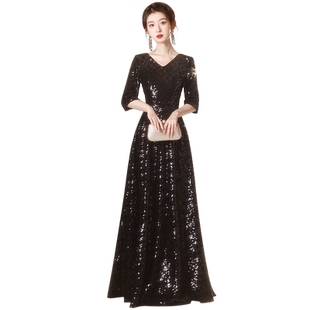 新款黑色合唱演出长款晚礼服装指挥钢琴主持年会走秀艺考大码长裙