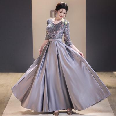 大合唱团演出服女长裙钢琴演奏指挥服装灰色亮片主持人超闪晚礼服