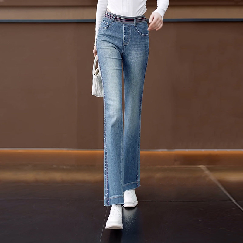 松紧腰弹力修身微喇牛仔裤女高腰显瘦秋冬新款时尚百搭烫钻喇叭裤,女装/女士精品,牛仔裤,淘宝优惠券,粉丝福利购,淘宝优惠卷
