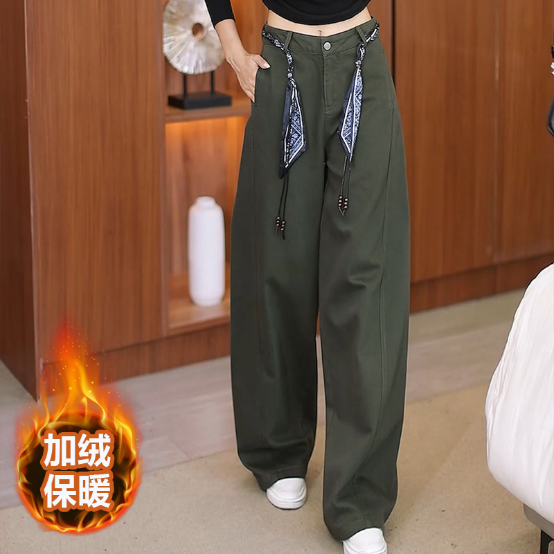 军绿色天丝棉牛仔直筒裤女秋冬加绒加厚弯刀裤休闲百搭保暖镰刀裤