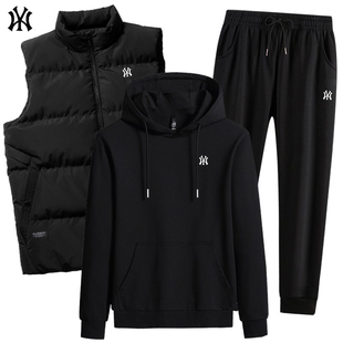 奥莱品牌专柜纯棉运动套装男连帽圆领卫衣羽绒马甲休闲三件套宽松