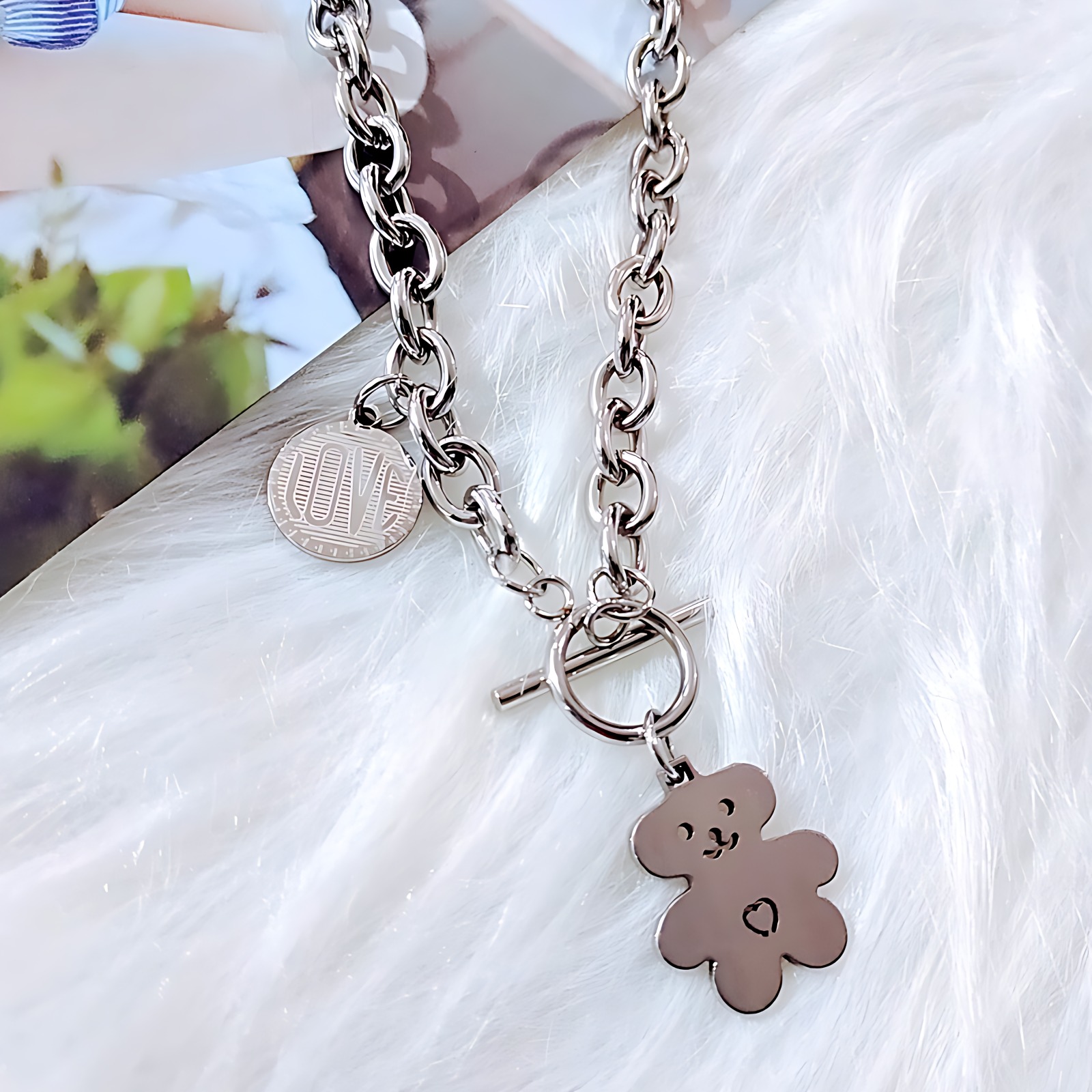 日韩冷淡风钛钢小熊吊坠项链