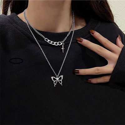 韩版拼接十字架双层毛衣链