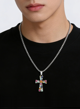 ins欧美嘻哈彩色花朵十字架项链