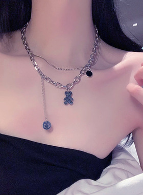 韩系双层笑脸小熊吊坠项链