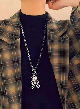 ins韩版网红个性镂空小熊钛钢项链嘻哈泰迪熊吊坠男女时尚毛衣链