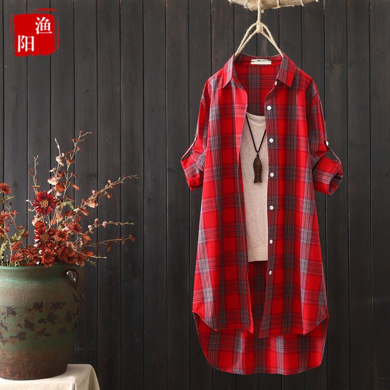 中长款宽松格子衬衫女外套春夏装新款长袖棉麻上衣衬衣百搭防晒衣