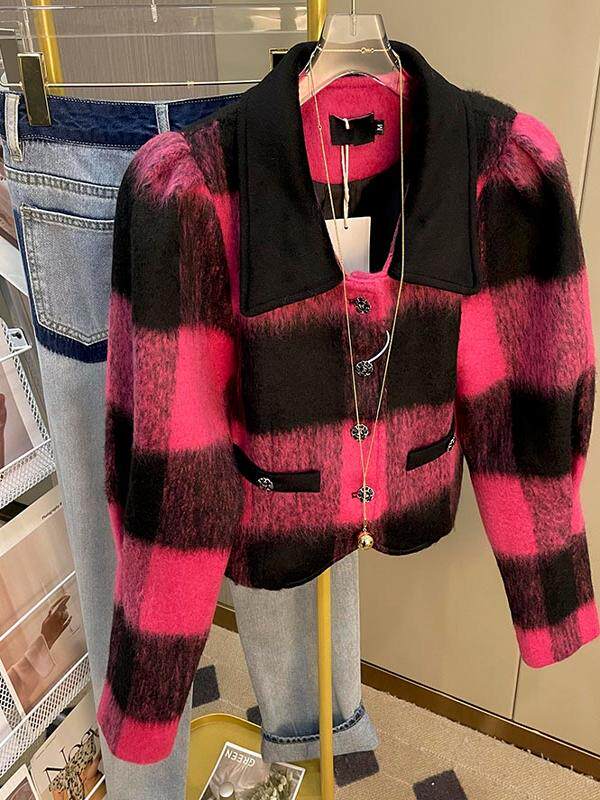 프랑스 사교계 명사 대조 색상 격자 무늬 기질 여성을위한 작은 향기로운 카디건 모직 코트 겨울 새 스타일 긴팔 탑