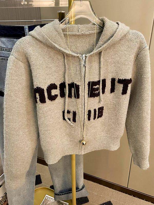 2024 가을 새 편지 자카드 대비 색 스웨터 여성 패션 다목적 니트 카디건 짧은 후드 자켓 유행