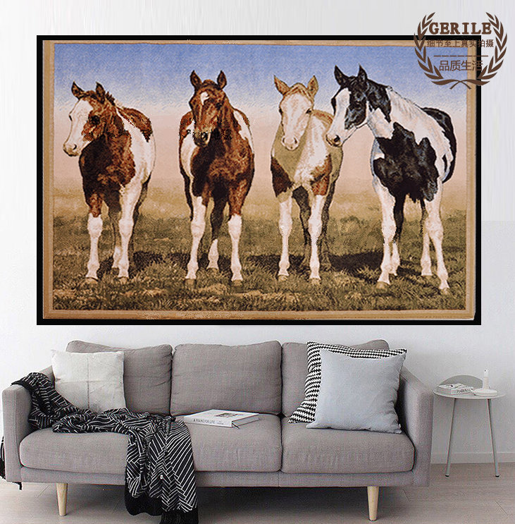 新款蒙古国纯羊毛细绒加厚客厅书房挂毯壁毯（草原名马）1.5*2米