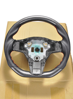 适用于特斯拉Model 3 Y哑光黑色碳纤维黑色皮红色缝线方向盘改装