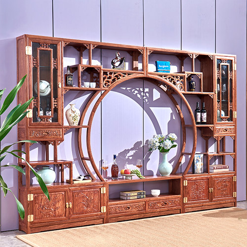 红木刺猬紫檀月洞门电视背景墙