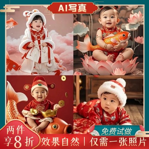 AI婴儿宝宝百日创意照写真满月照国潮国风中式财神年娃娃照