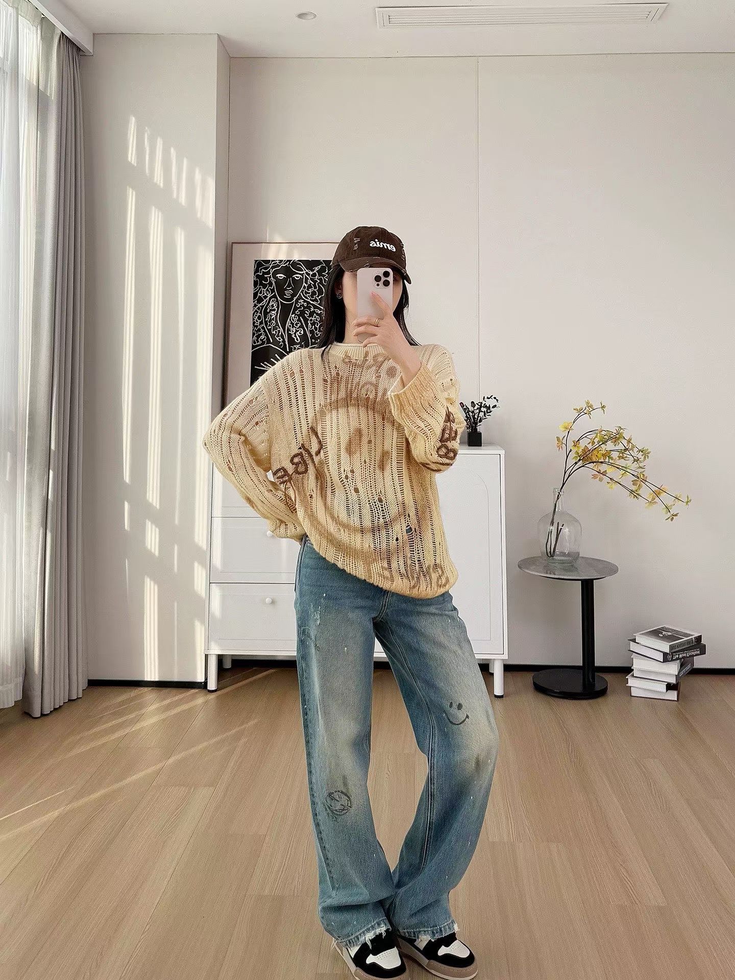 【明星同款】摩家女装2025冬季新品重工刺绣破洞针织衫毛衣