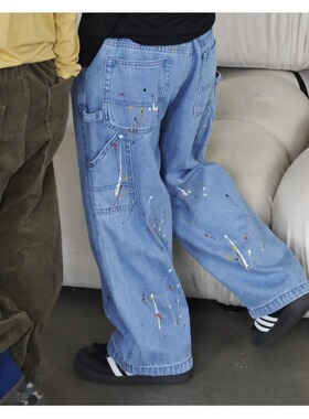 ppapa 泼墨梭织直筒宽松休闲工装牛仔长裤儿童中大童裤子 1013115