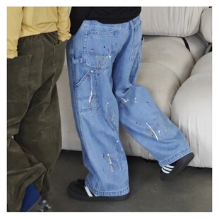 ppapa 泼墨梭织直筒宽松休闲工装牛仔长裤儿童中大童裤子 1013115