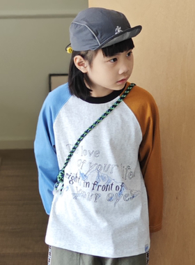 ppapa撞色插肩两色中大童印花长袖舒适吸湿排汗儿童T恤1013143