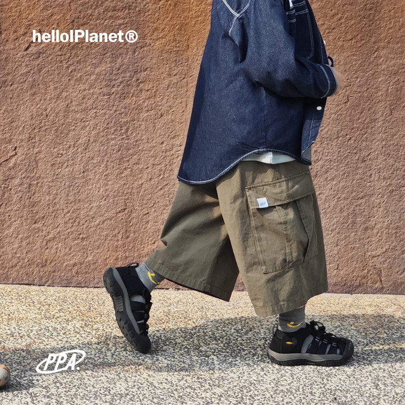 ppapa 春夏七分工装休闲宽松牛仔裤洗水棉儿童大口袋中裤中大童