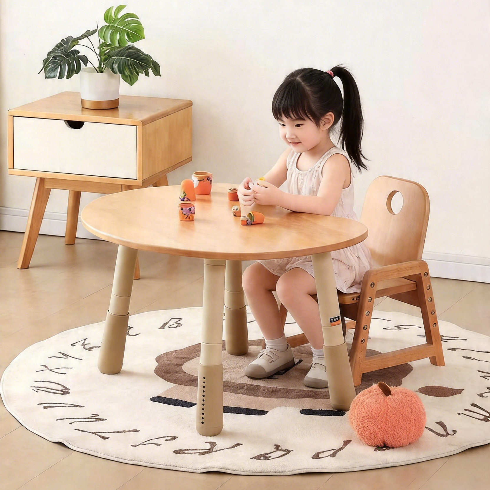 儿童实木花生桌幼儿园桌子宝宝玩具榉木桌可升降调节学习桌椅套装