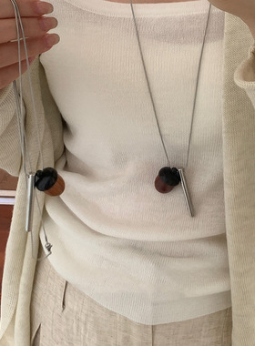 极简风木质圆球项链女毛衣链