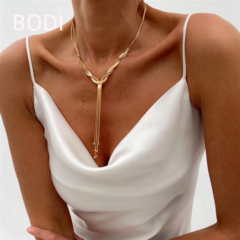 欧美跨境饰品 冷淡风Y型金属蛇骨项链 个性简约线条necklace长款