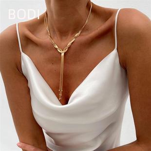 简约线条necklace长款 个性 冷淡风Y型金属蛇骨项链 欧美跨境饰品