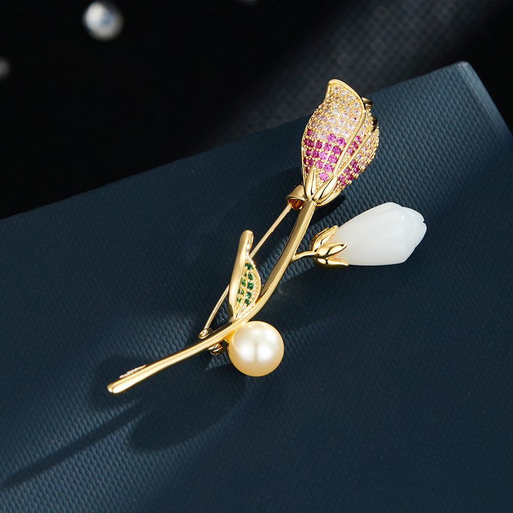 高端宝石花朵胸针女珍珠别针