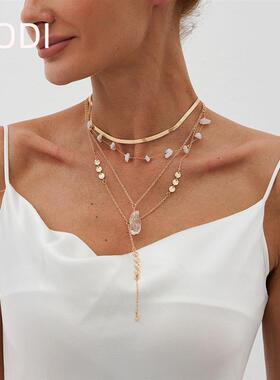欧美跨境饰品波西米亚金属圆片项链不规则水晶多层蛇骨链necklace