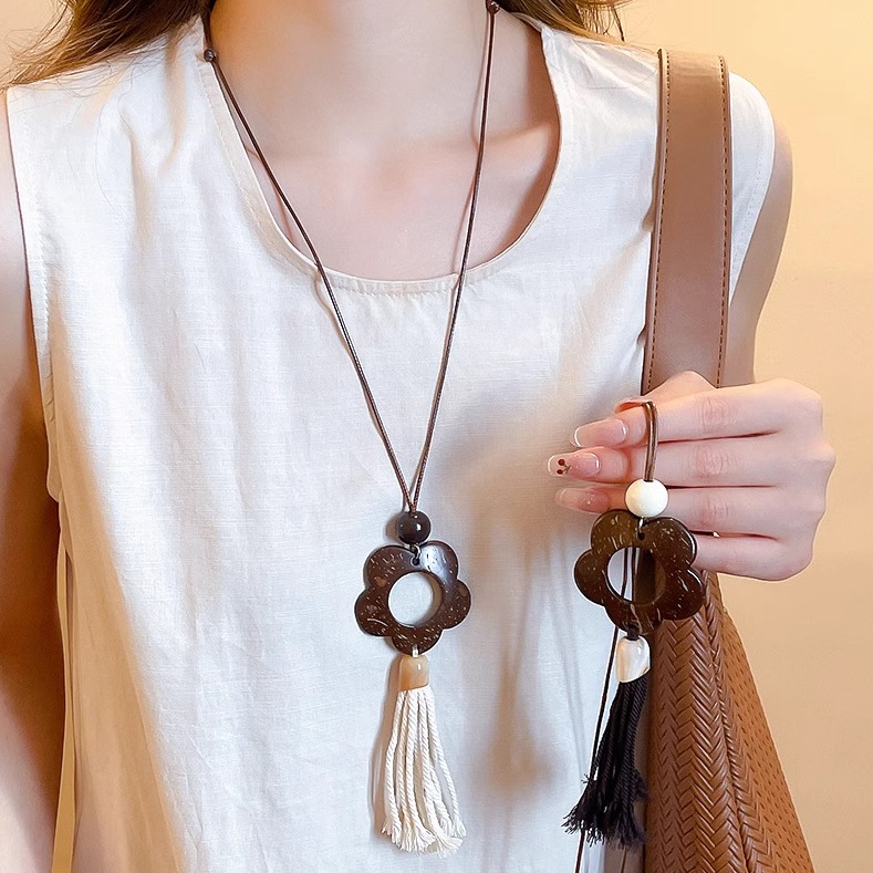 棉绳木头树脂椰壳花朵吊坠项链复古民族风项饰小众设计感毛衣链女